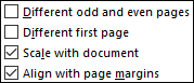 Header and footer options in the Page Setup dialog