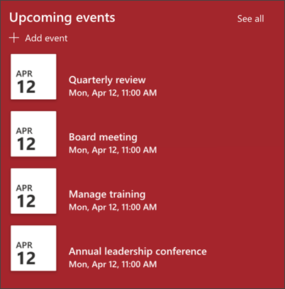 Screenshot of the events web part