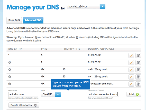  follow the steps in this article to verify your domain and set up DNS records for email Create DNS records at 123-reg.co.uk for Office 365           