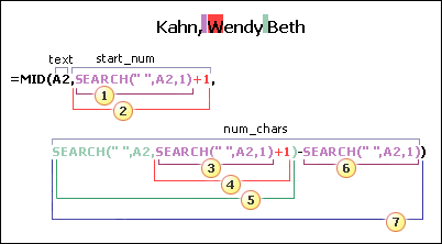 Formula for separating a last name followed by a first and a middle name