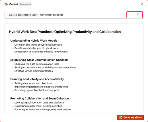 Screenshot of list of topics generated by PowerPoint Copilot.