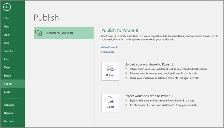 Publish to Power BI Upload or Export dialog