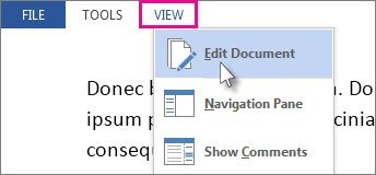 Image of portion of View menu in Read Mode, with Edit Document option selected.