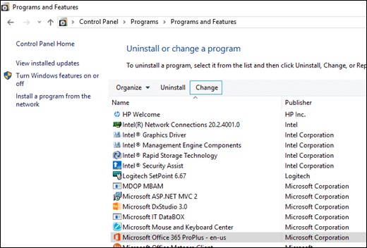Click Change in the Uninstall Programs applet to initiate a repair of Microsoft Office