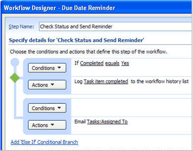 Fourth page of Workflow Designer with two conditional branches