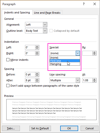 The First Line Indent option is highlighted in the Paragraph dialog box