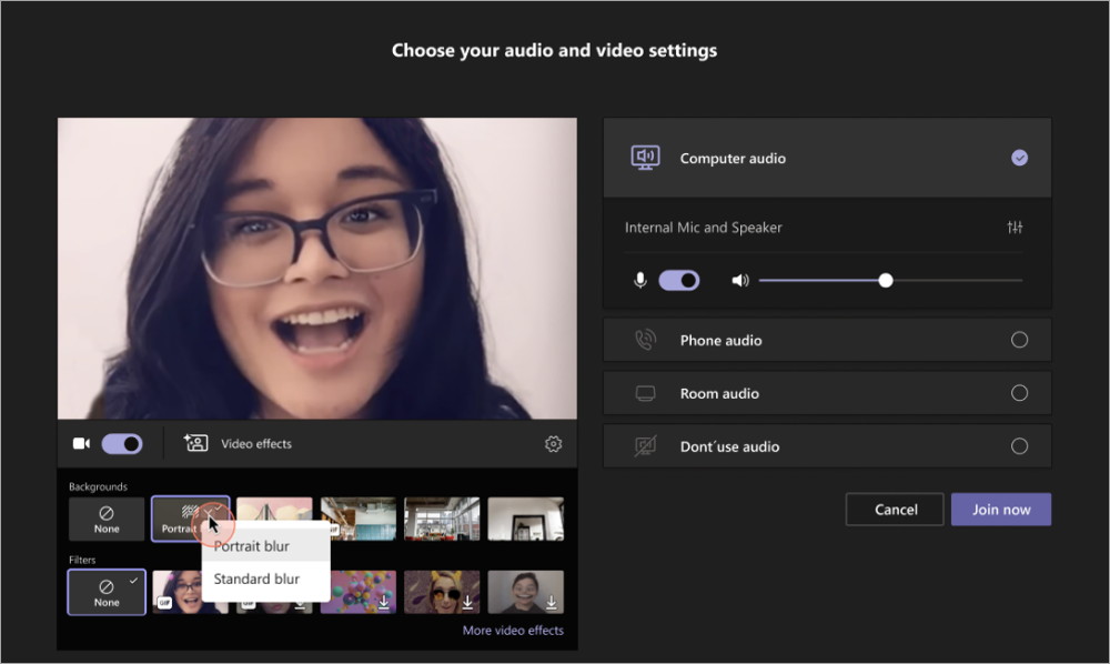 Screenshot showing how to apply portrait blur to your video in Teams meeting