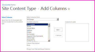 This content type settings dialog lets you choose columns to add to a content type