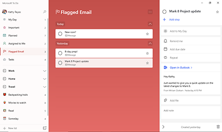 Flagged email list with Mark 8 Project update selected and detail view open, with a preview of the email.