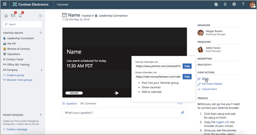 Options in Yammer for an external app or device live event