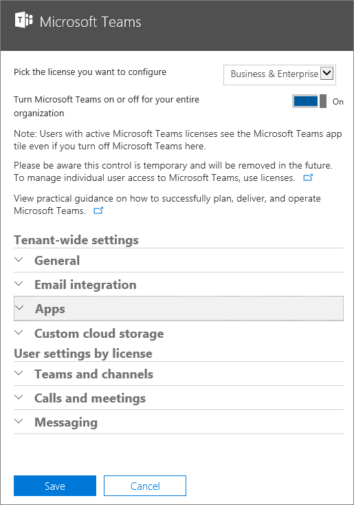 On the Microsoft Teams settings page, set the toggle to On to turn on Teams for your entire organization, and then choose Save.