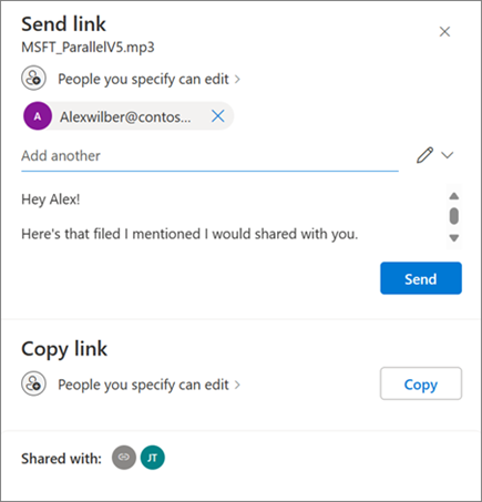 The Send link dialog box with sharing options displayed.