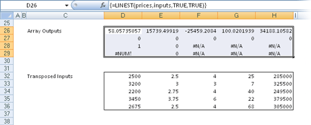 linest function in home price estimator