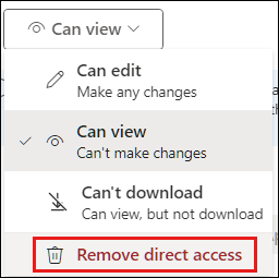 Screenshot of sharing permissions with remove direct access highlighted.