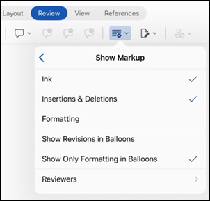 Word for iPad show markup options