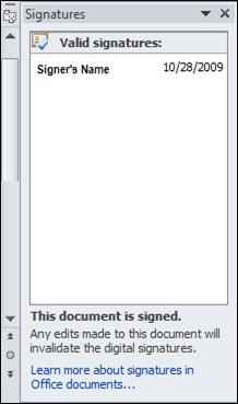 Signatures Pane with valid signer