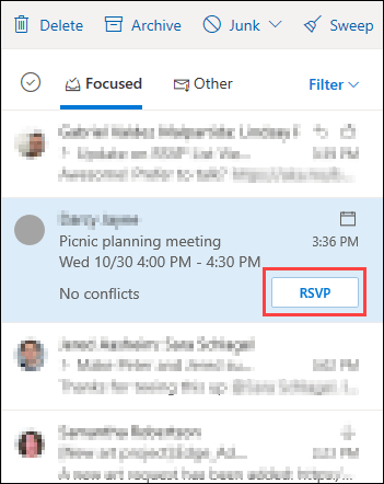 Meeting request in message list with RSVP highlighted