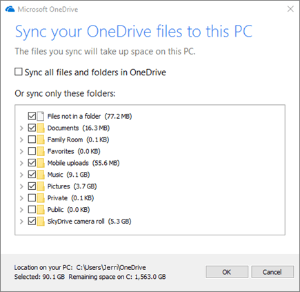 Screenshot of the Sync Your OneDrive Files To This PC dialog box.