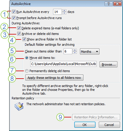 AutoArchive settings