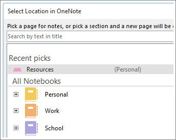 Screenshot of the OneNote window where you can choose what page to take Skype notes.