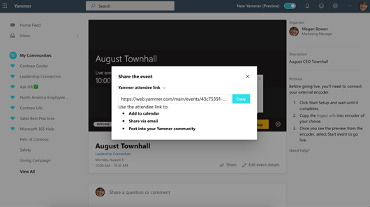 Screenshot showing sharing a Yammer live event