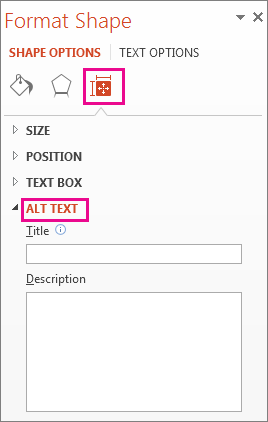 Size and Property tab in the Format Shape pane showing Alt Text boxes