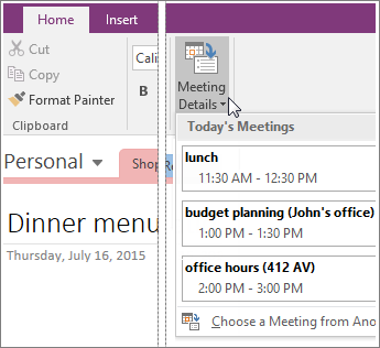 Screenshot of the Meeting Details button in OneNote 2016.
