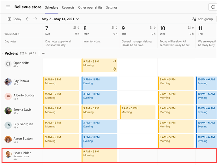 Screenshot of schedule showing worker from other location as an external employee.