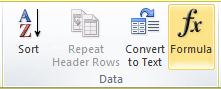 The Data group of the Table Tools Layout tab on the Word 2010 ribbon