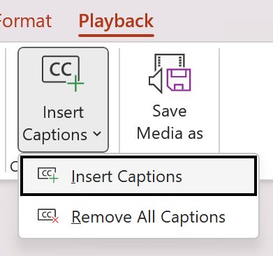 The Insert Captions button expanded showing the Insert Captions and Remove All Captions options in PowerPoint for Windows.