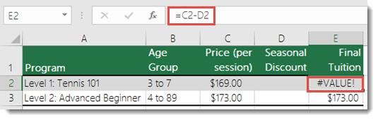 Example of a #VALUE! error caused by a leading space in cell D2 - Formula in Cell E2 is =C2-D2