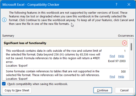 Use Find to fix issues with Excel sheet compatibility