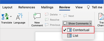 "Show Comments" menu expanded in Word on Mac with the "Contextual" option is selected.