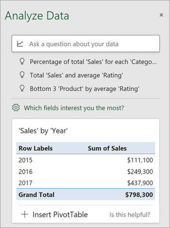 Analyze Data pane showing customized suggestions.