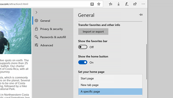Home page settings in Microsoft Edge
