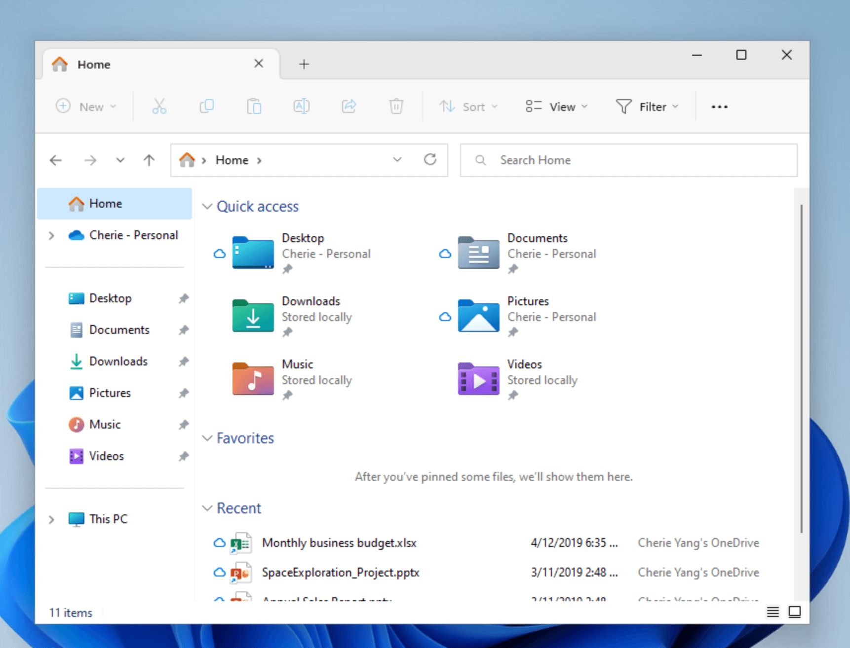 Shows the File Explorer main page, with Home highlighted in the left pane.