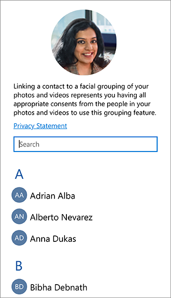 Screenshot of the list that you can use to link contacts to facial groupings.