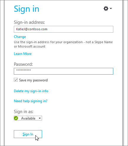A screenshot showing where to enter your password on the Skype for Business sign in screen.