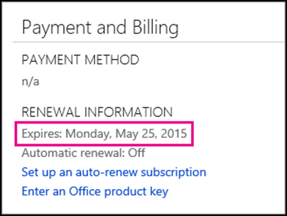 Subscription renewal details on Office 365 Account page.