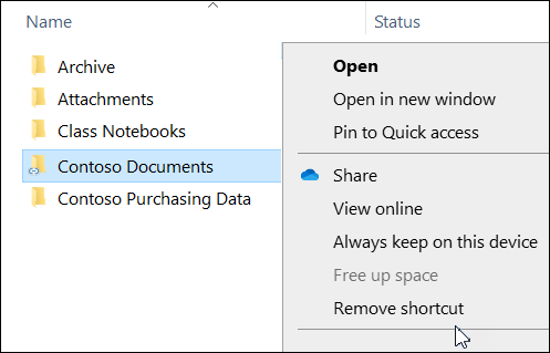 OneDrive Remove Shortcut in File Explorer