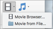 Screenshot shows the Movie Browser and the Movie from File options available from the Video drop-down control. Select an option to insert a movie into your PowerPoint presentation.