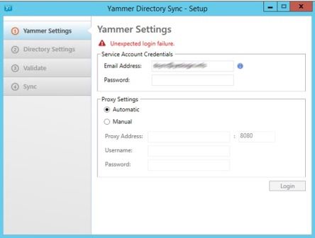 Yammer Unexpected login failure message
