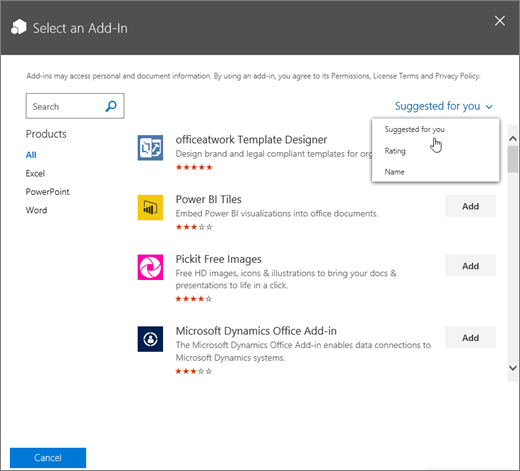 Screenshot shows the Select an Add-in dialog for the Office Store. A drop-down control for viewing available add-in shows categories of Suggested for you, Rating, and Name.