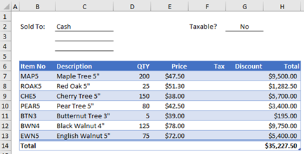 Example order form without a custom function