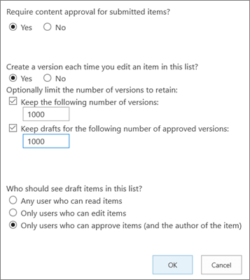 List Settings options in SharePoint Online, showing versioning enabled