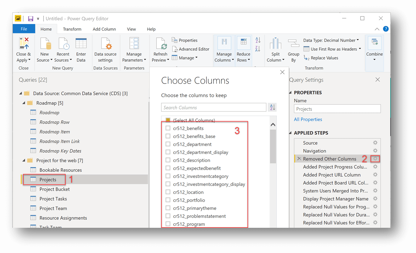 The Power BI Query editor with numbered sections to show how columns are being added. Number 1 shows Projects under Queries; number 2 shows which listings to remove under Applied Steps and number 3 shows custom fields that an organization has added to its Projects entity.