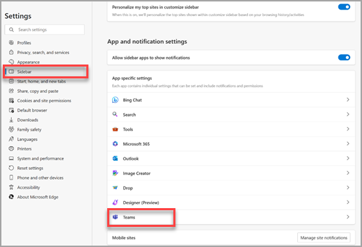 App and notifications settings in the Microsoft Edge sidebar settings page.