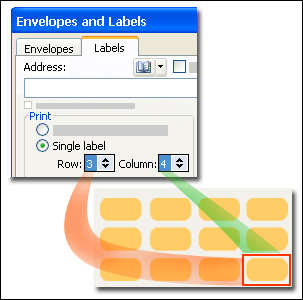 row and column lists in single label area in envelopes and labels dialog box with arrows pointing to labels on sheet