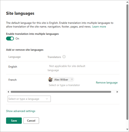 Screenshot showing the Site languages page in SharePoint.