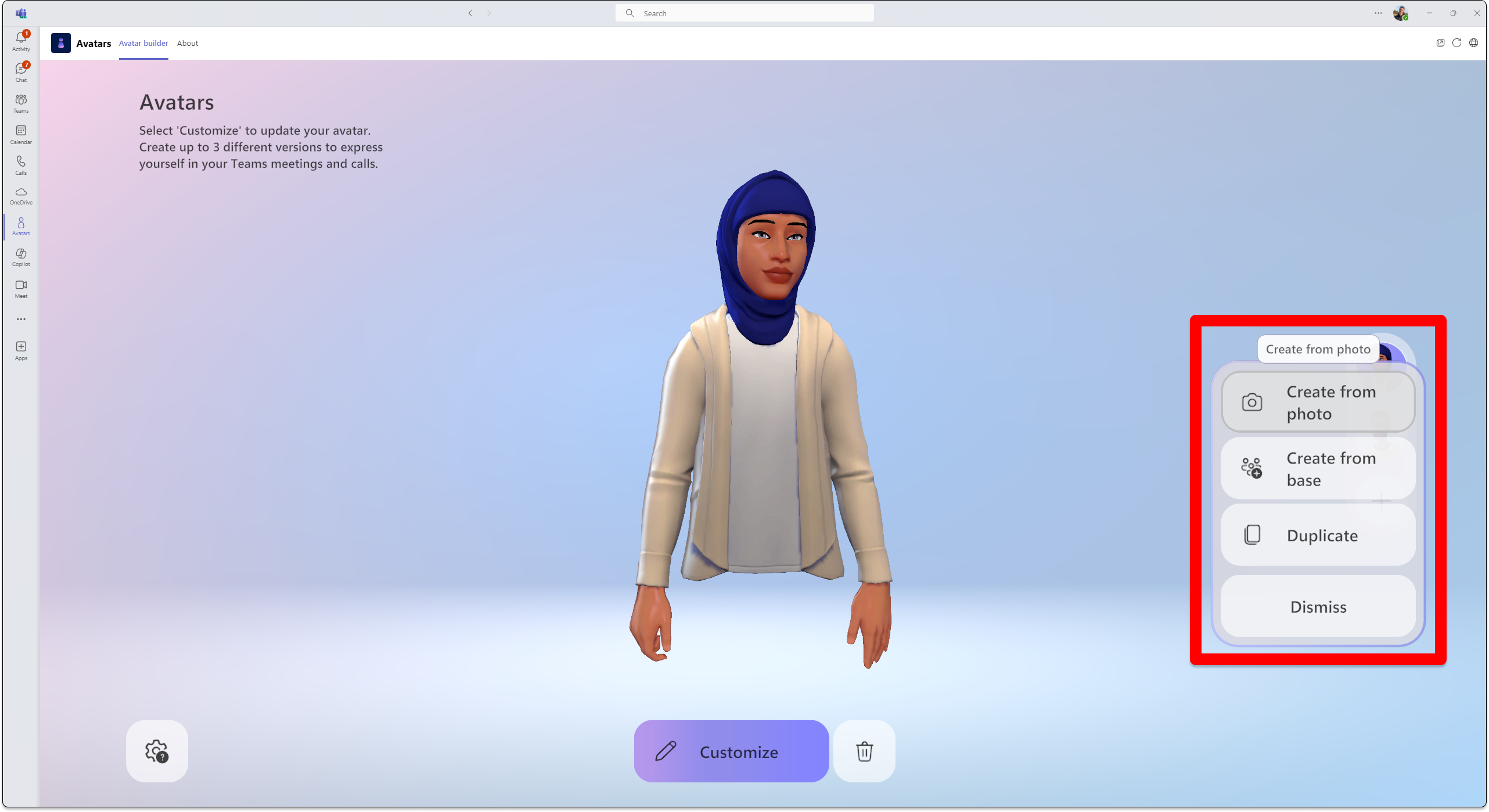 Screenshot of avatars in teams showing how to create an avatar from a photo.
